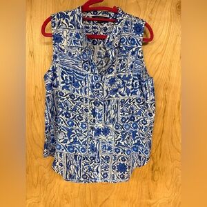 Ann Taylor Women's Sleeveless Linen, Blouse Blue And White Size Medium